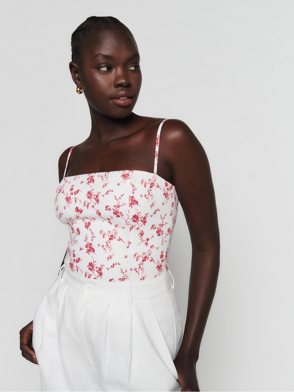 Reformation Overland Linen Top in Rosalie Tank Zip Back Square Neck Floral Print